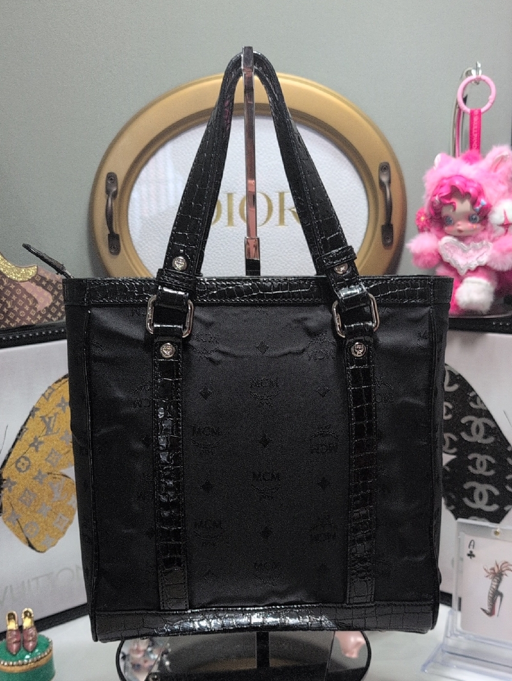 MCM Black Nylon Signature Monogram & Patent Leather Croc Embossed Trim Tote NEW - Picture 11 of 17